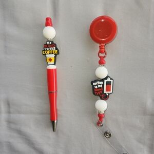 Red and White Coffee-Themed Pen and Badge Reel Set